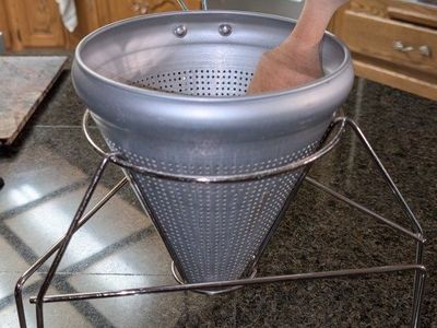 Vintage Aluminum Cone Strainer with Stand & Wooden Pestle