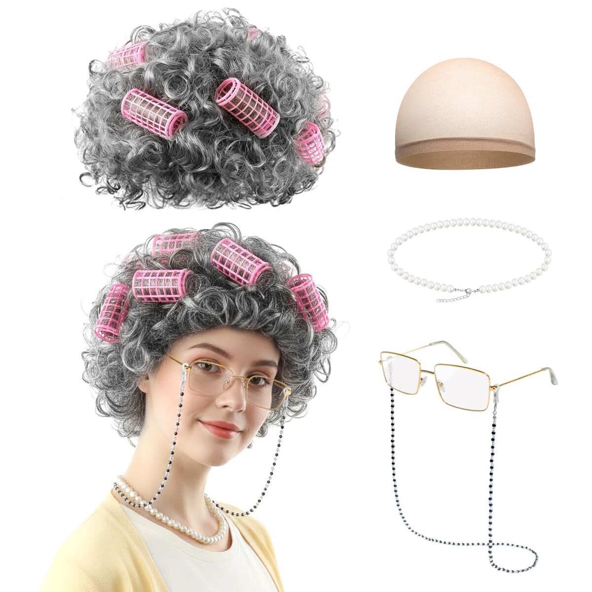 Gray Curly Old Lady Wig