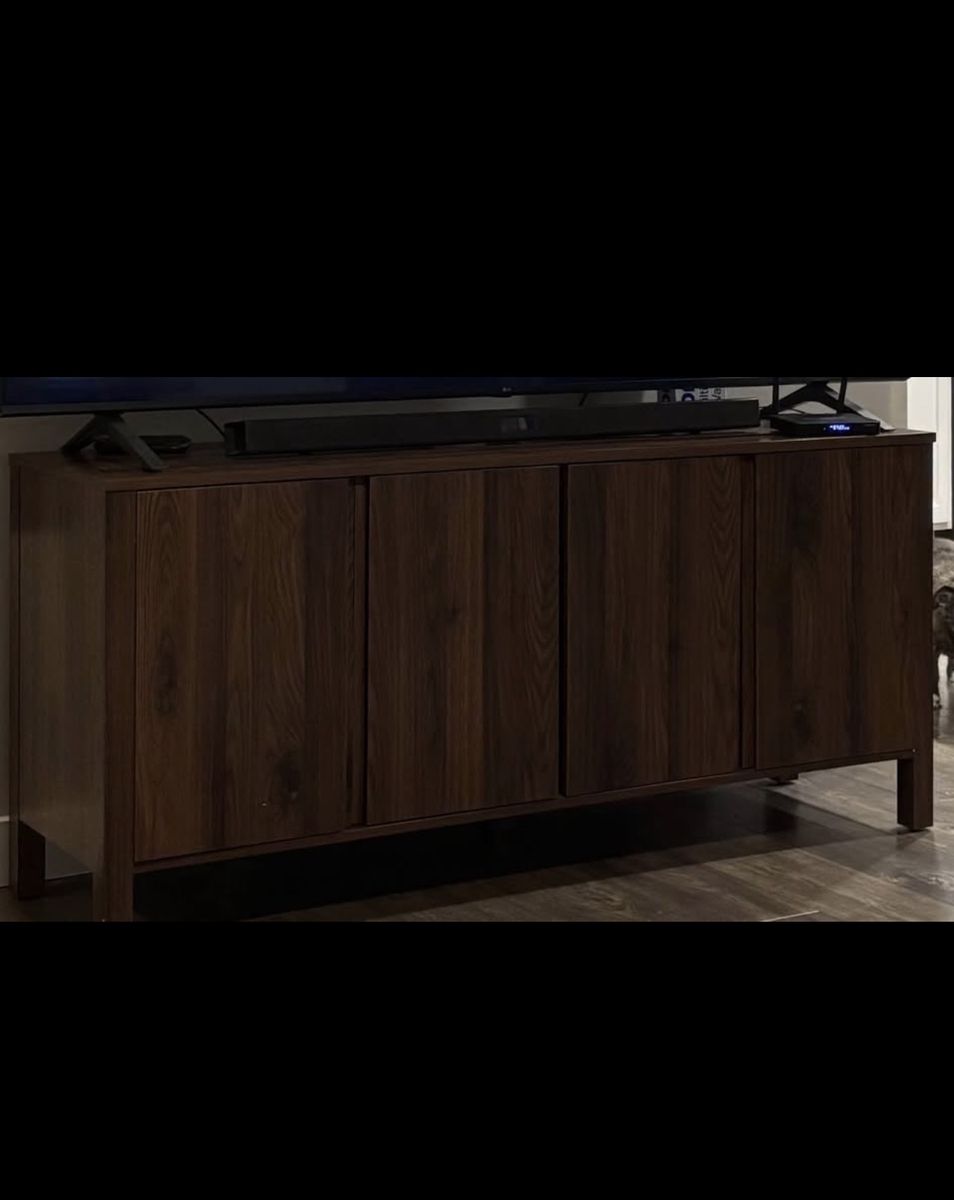 Dark Walnut Wood TV Stand Credenza with 4 Cabinet Doors
