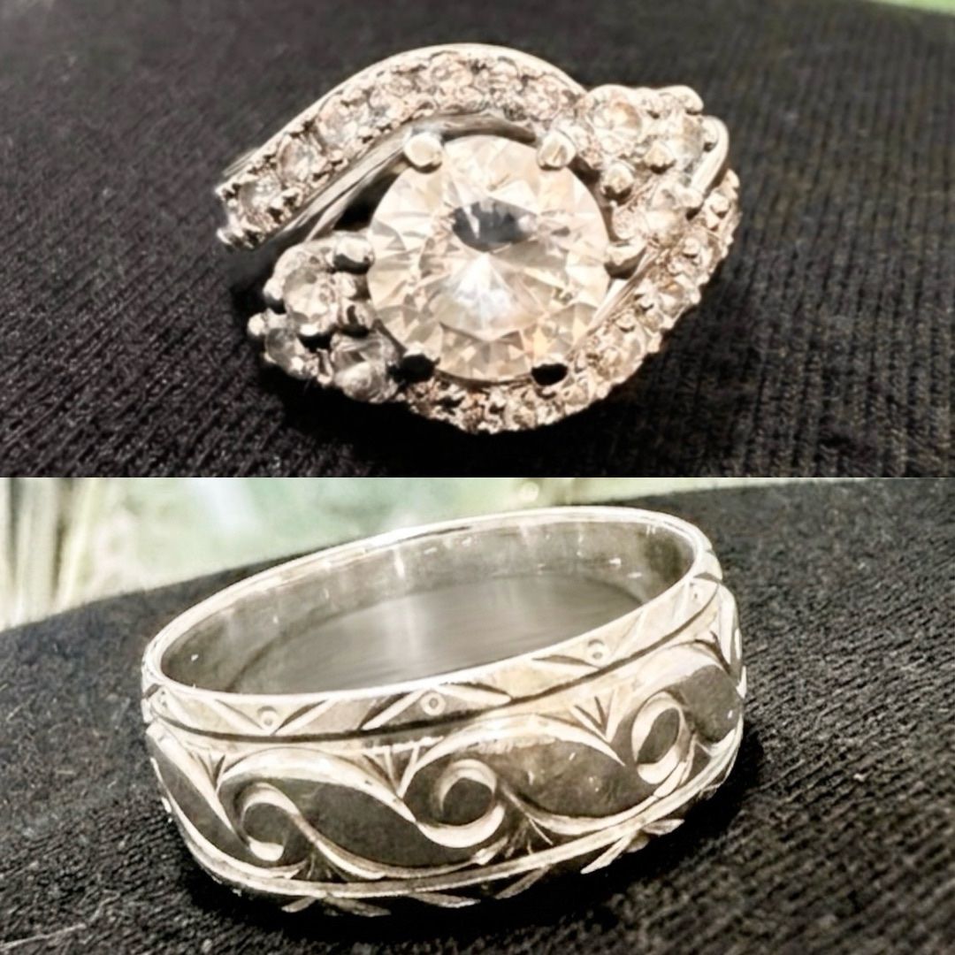 Stunning 14K white gold Cluster Engagement Ring & Ornate Engraved Band Set