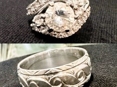 Stunning 14K white gold Cluster Engagement Ring & Ornate Engraved Band Set