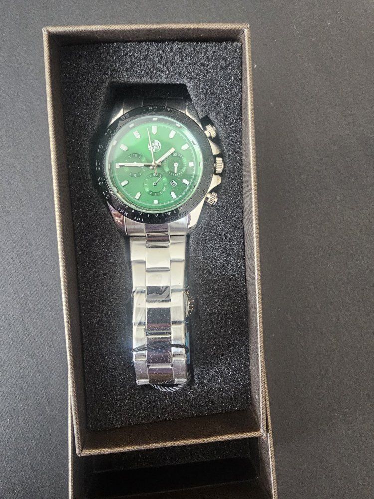 New Men's Chronograph Watch - Silver Stainless Steel with Green Dial - just in time for father's day