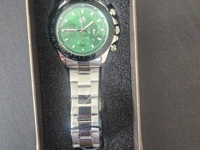 New Men's Chronograph Watch - Silver Stainless Steel with Green Dial - just in time for father's day