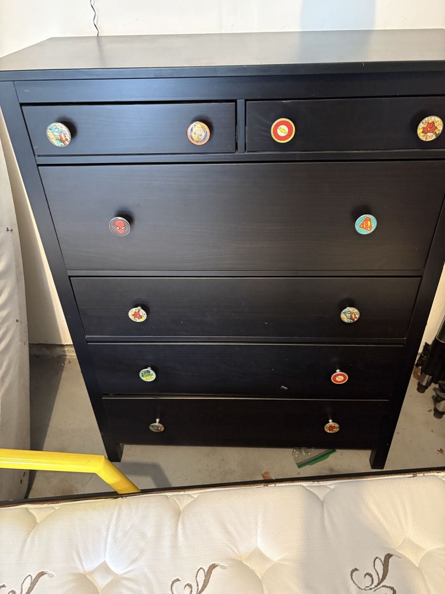 Black Wooden 6-Drawer Dresser Chest with Superhero Drawer Knobs