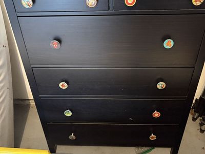 Black Wooden 6-Drawer Dresser Chest with Superhero Drawer Knobs