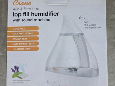 Crane 4-in-1 Top Fill Ultrasonic Cool Mist Humidifier with Sound Machine & Nightlight, 1 Gallon