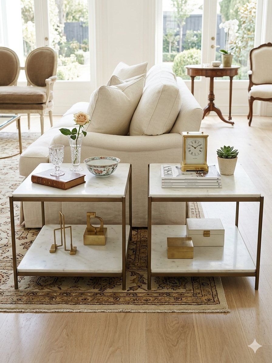 Four Hands Felix Bunching Tables White Polished Marble + Antique Brass