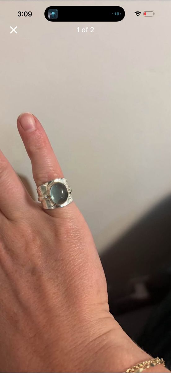 Silver Wide Band Statement Ring with Oval Greenish-Blue Cabochon Stone
