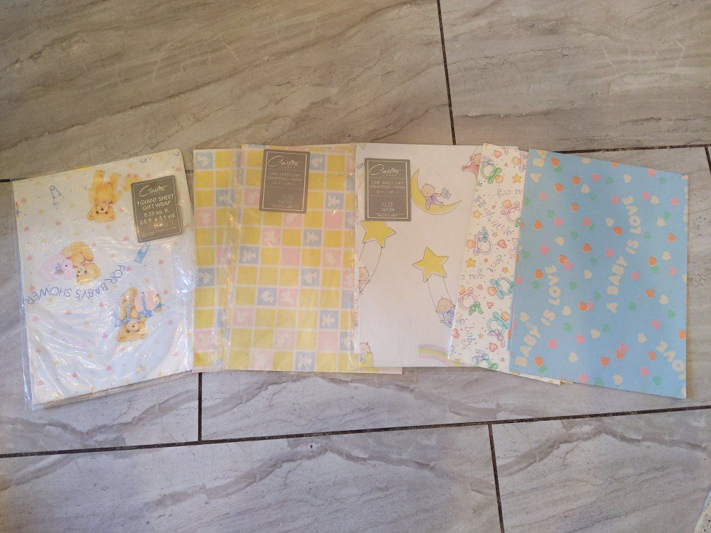 Vintage Baby Shower Gift Wrapping Paper - 3 NIP Unused Designs + others