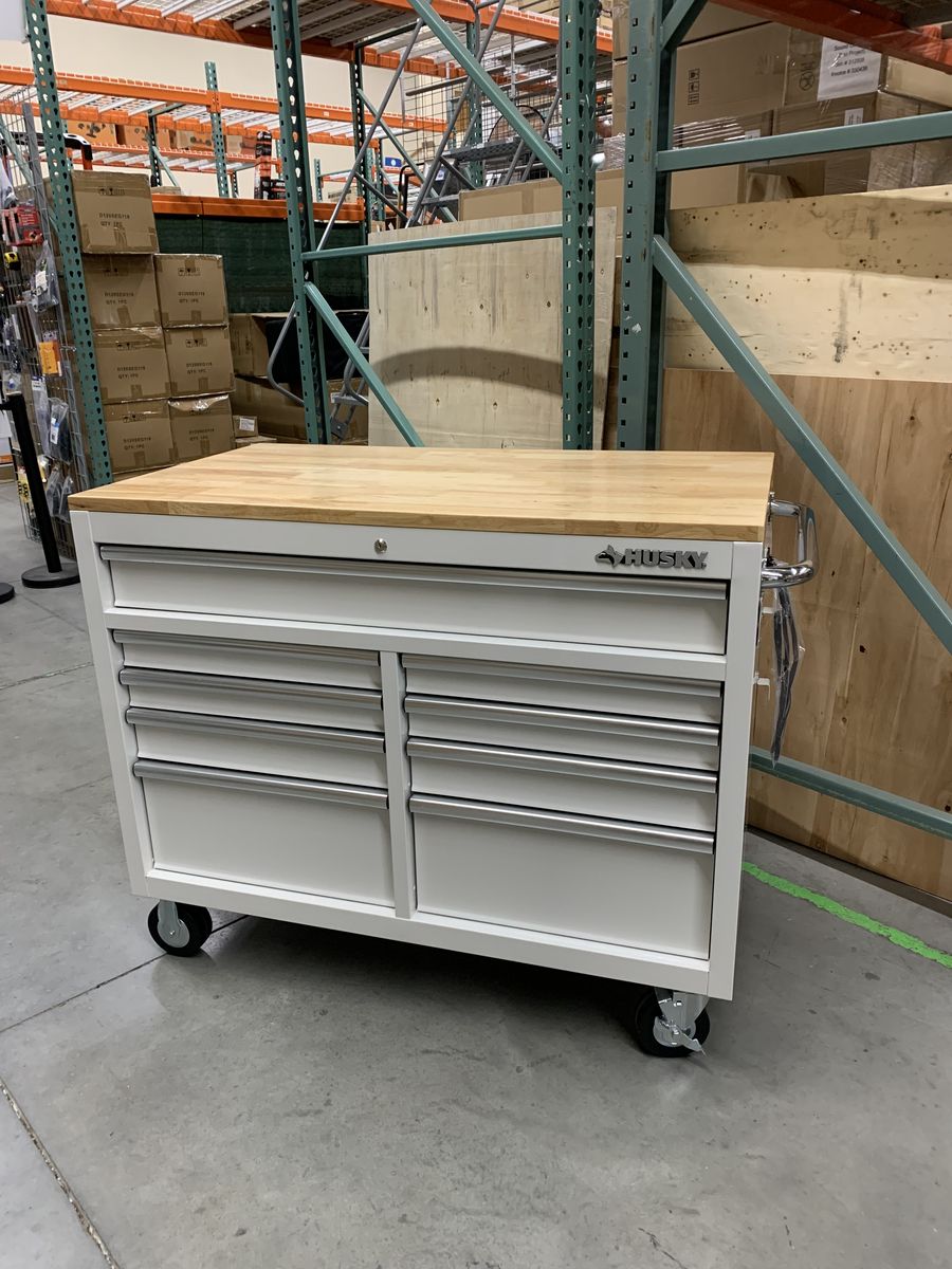 Husky Tool Storage 46 in. W x 51 in. D Standard Duty Gloss White Mobile Workbench Cabinet with Solid Wood Top