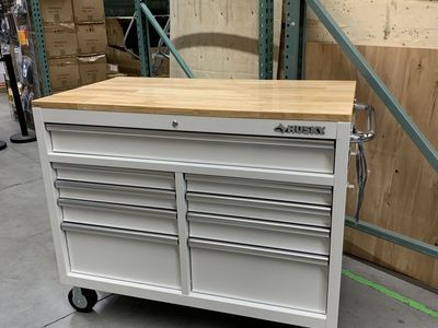 Husky Tool Storage 46 in. W x 51 in. D Standard Duty Gloss White Mobile Workbench Cabinet with Solid Wood Top