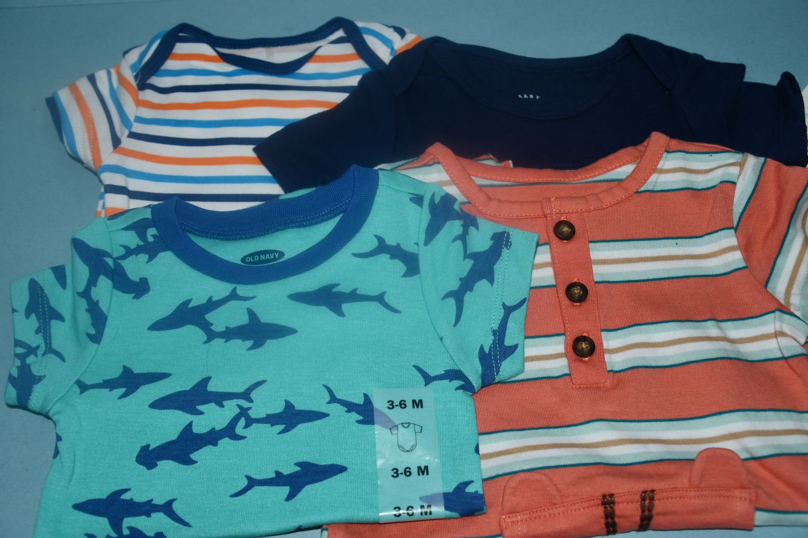 4 NWT BABY ONESIES ~ SHARKS ~ TIGER ~ CUTE STRIPES ~ SIZE 3 to 6 MONTHS ~ ALL 4 for $5!