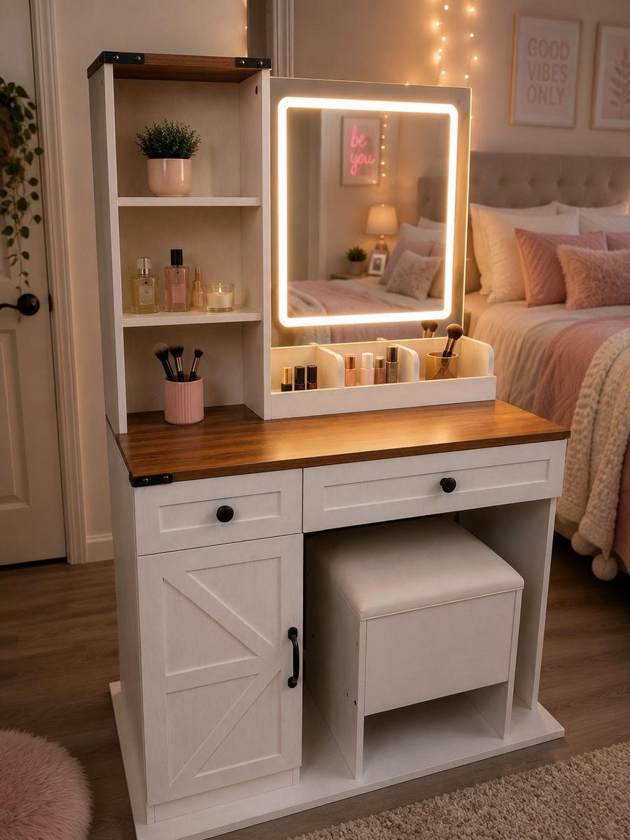 NEW & ASSEMBLED! Vanity Desk w/LED Mirror & Charging Station – White Oak w/Walnut Desktop