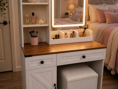 NEW & ASSEMBLED! Vanity Desk w/LED Mirror & Charging Station – White Oak w/Walnut Desktop
