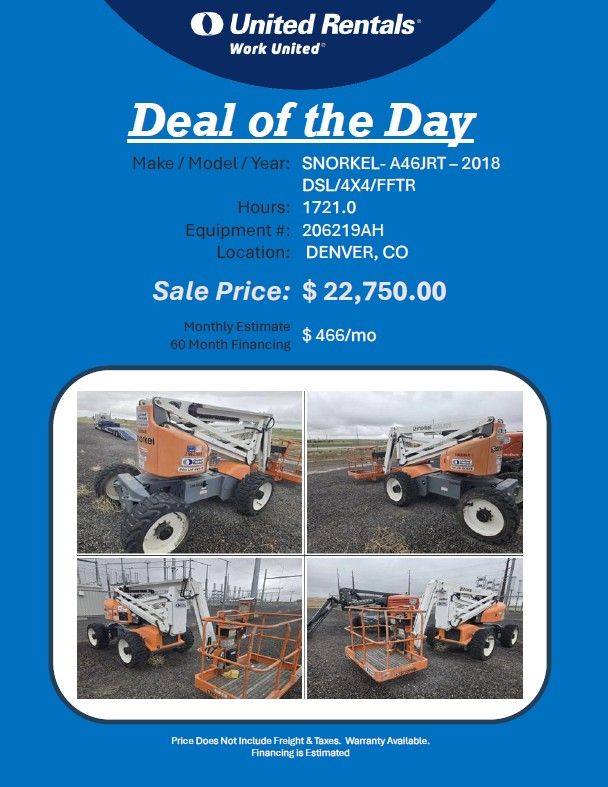 Boom lift Snorkel A46JRT DSL 4x4  1721 hrs 2018 in Denver CO 22750K