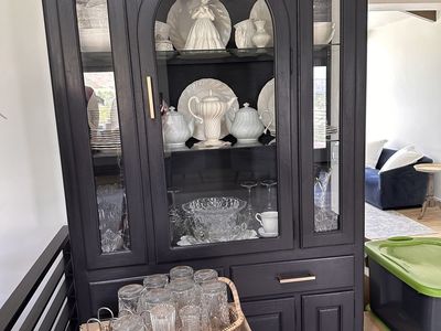 Elegant Black Display Cabinet China Hutch with Glass Doors & Brass Hardware. With light
