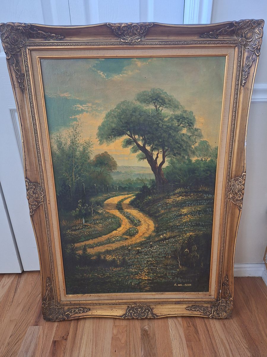 Vintage framed oil painting depicting a country landscape. 30.5" wide x 42.25" tall with frame.