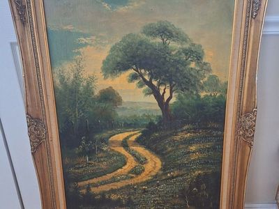 Vintage framed oil painting depicting a country landscape. 30.5" wide x 42.25" tall with frame.