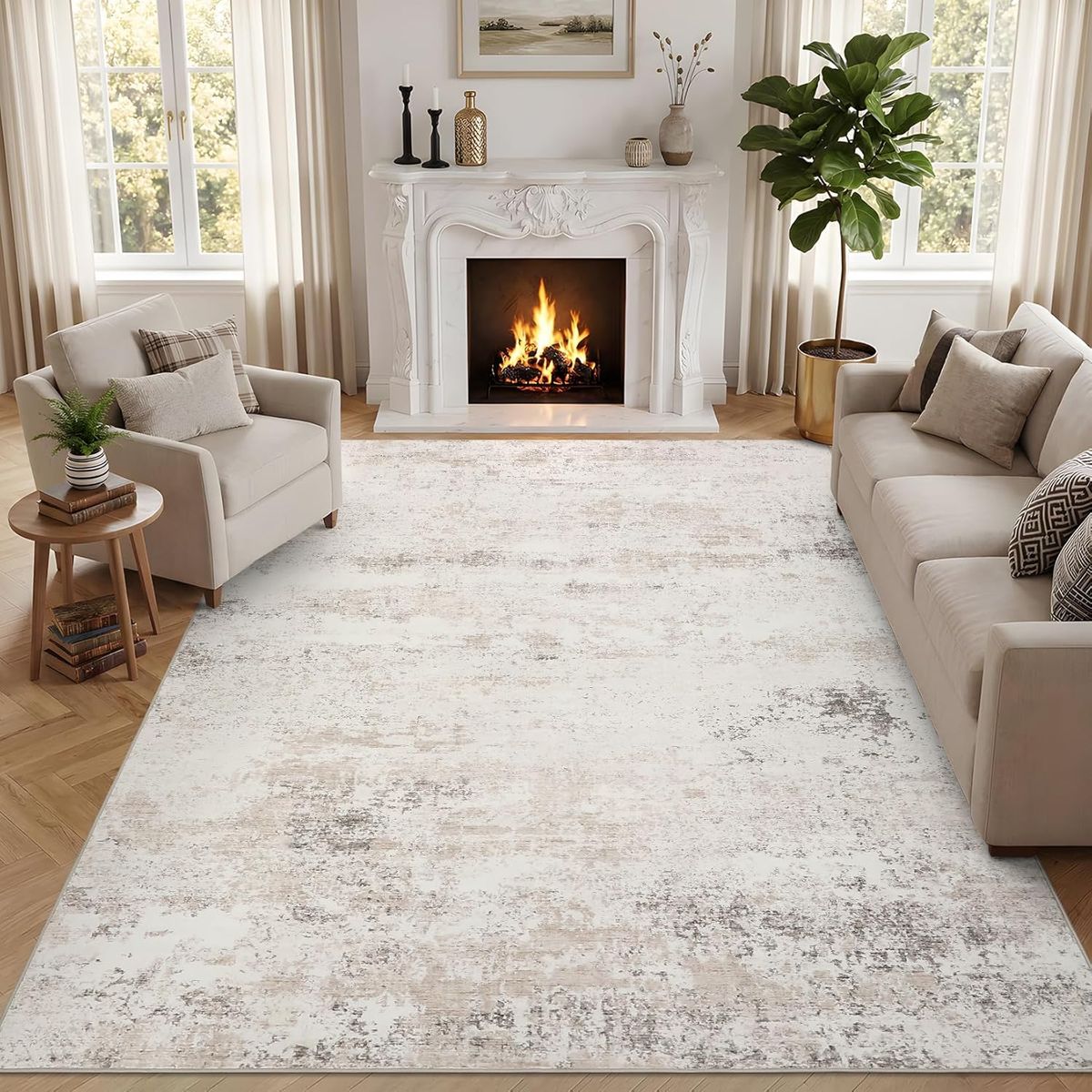 NEW 9x12 Modern Abstract Large Area Rug- Neutral Gray/Ivory, Contemporary, Distressed