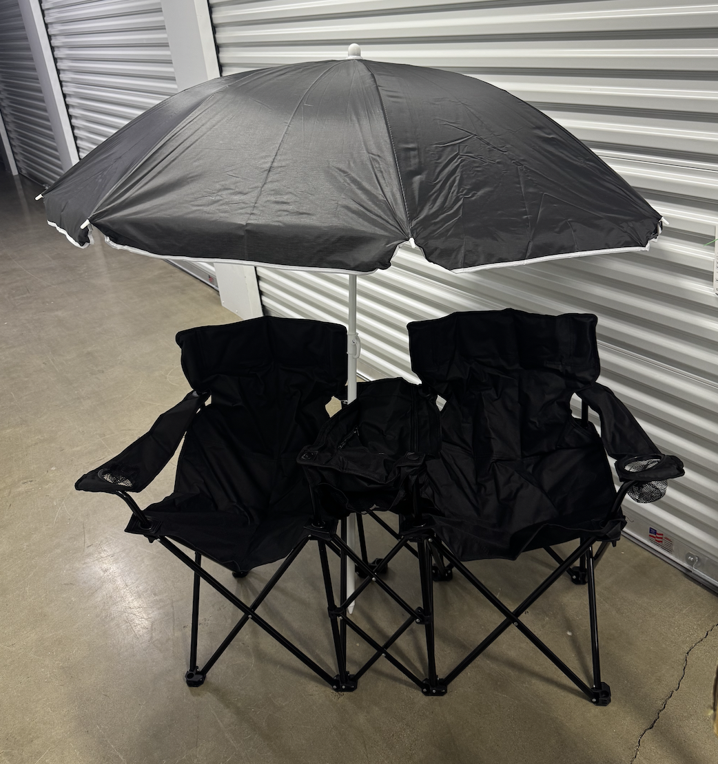 NEW 2-Person Black Outdoor Portable Double Folding Camping Chair Beach Chair Set with Umbrella