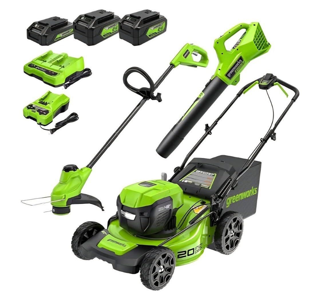 Greenworks 48V (24V x 2) 20" Cordless Battery Mower, 12" String Trimmer/Edger, & 320 CFM Blower Combo Kit w/ (2) 4.0Ah Batteries