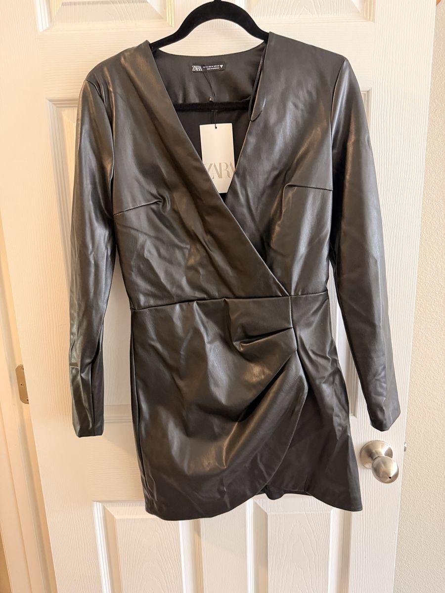 Zara NWT Black Faux Leather Long Sleeve Faux Wrap Mini Dress Size M-S