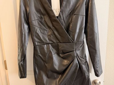 Zara NWT Black Faux Leather Long Sleeve Faux Wrap Mini Dress Size M-S