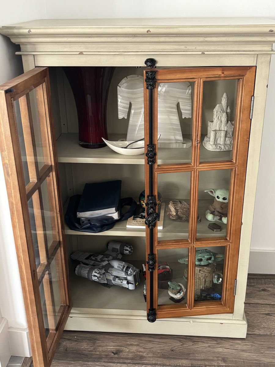 Distressed White & Wood Display Cabinet w/ Glass Doors - 2 Shelves, Country Style  = Cremone Linen Gray Low Cabinet