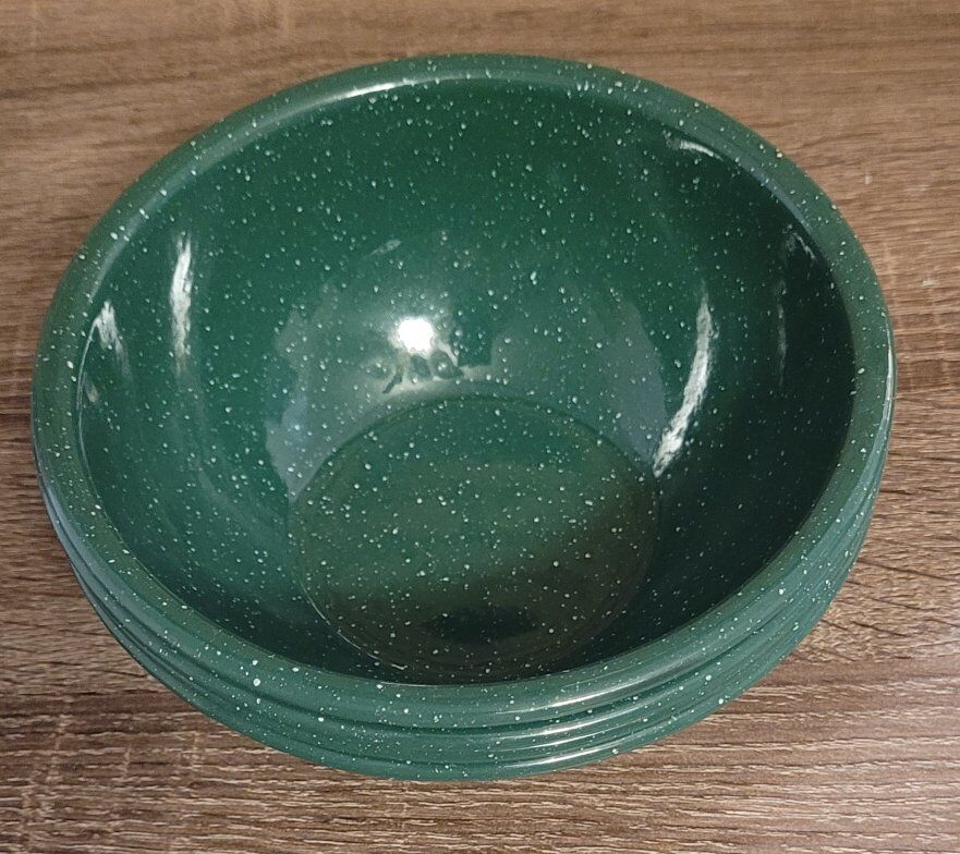 4 Green Speckled Enamel 6” Bowls - Indoors Or Camp