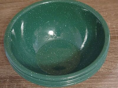 4 Green Speckled Enamel 6” Bowls - Indoors Or Camp
