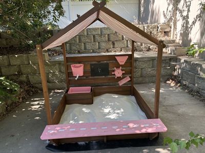 Wooden Outdoor Sandbox with Canopy, Built-in Bench, and Chalkboard - Best Choice Products