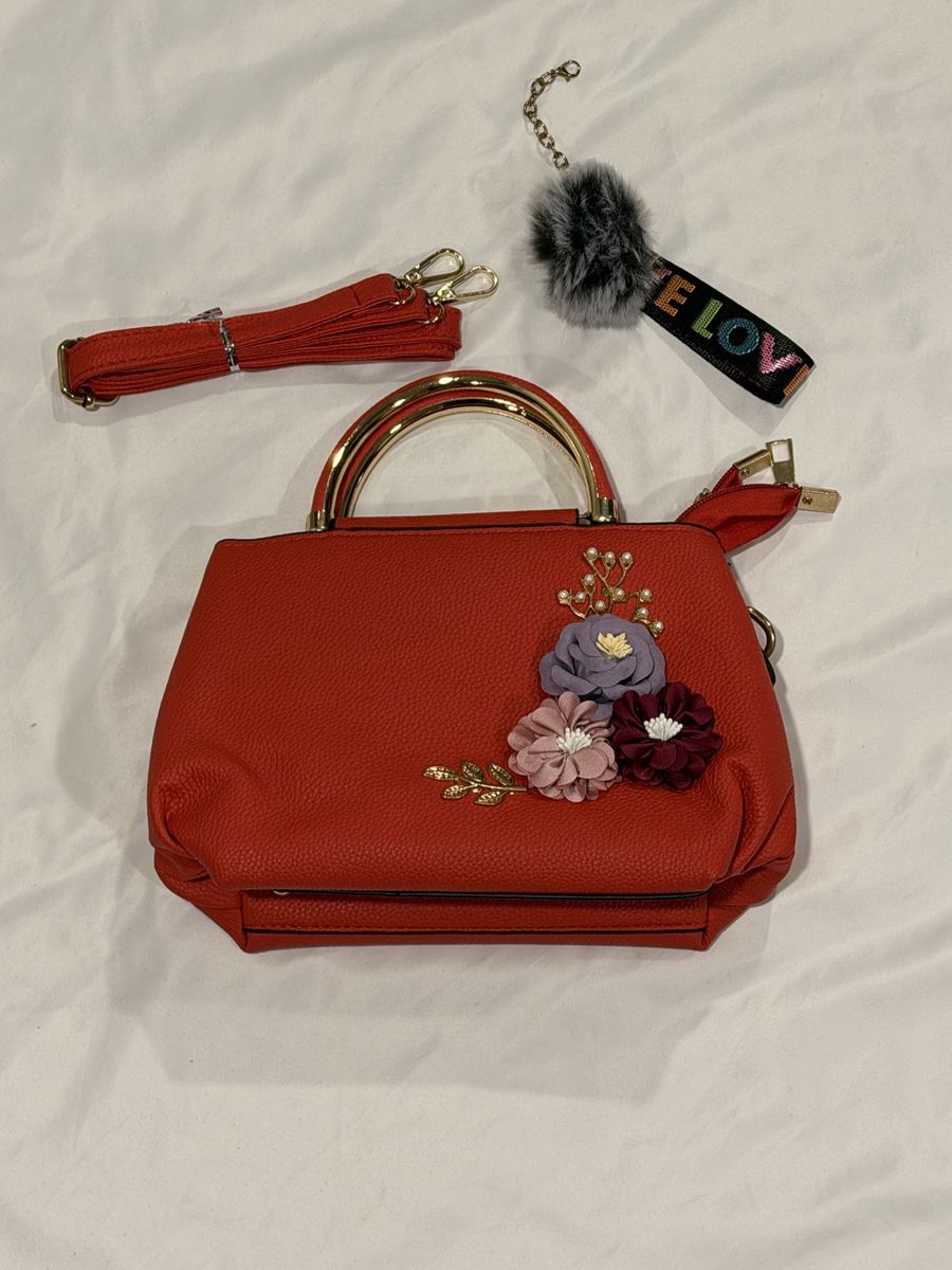 Red Floral Handbag with Gold Handles and Removable Strap