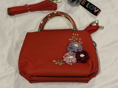 Red Floral Handbag with Gold Handles and Removable Strap