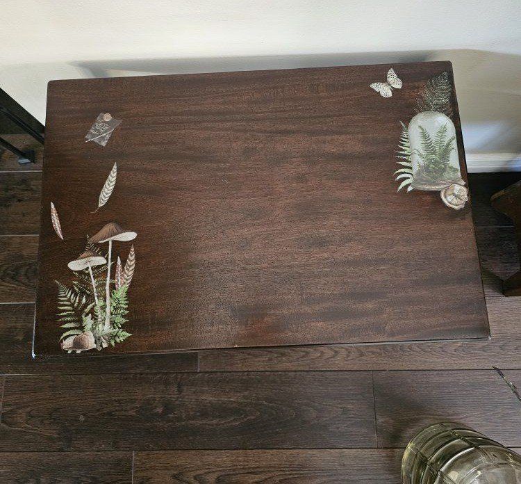 Vintage Upcycled Coffee Table with Botanical Mushroom and Fern Decals