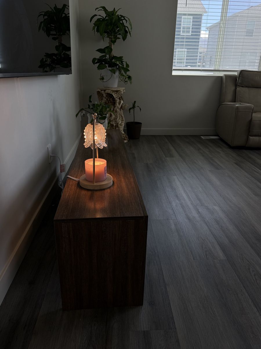 Modern Dark Wood TV Stand with Central Storage Drawers and Glass Accents 65”