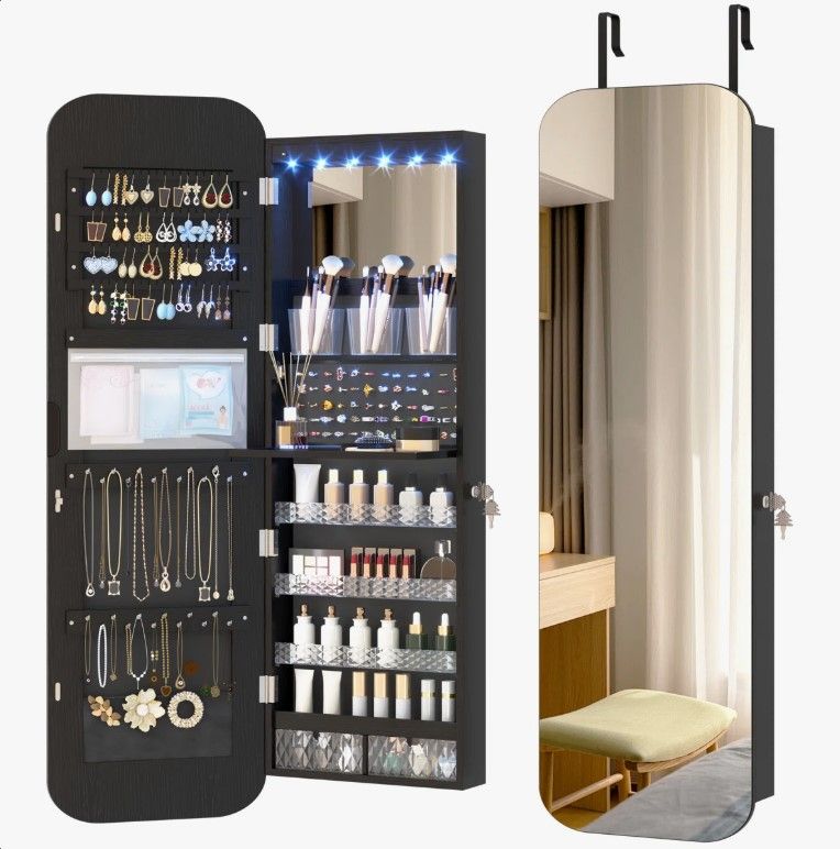 14.5" LED Mirror Jewelry Cabinet – Organizer for Jewelry, Makeup & Skincare with Lock & Storage
