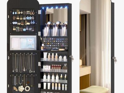 14.5" LED Mirror Jewelry Cabinet – Organizer for Jewelry, Makeup & Skincare with Lock & Storage