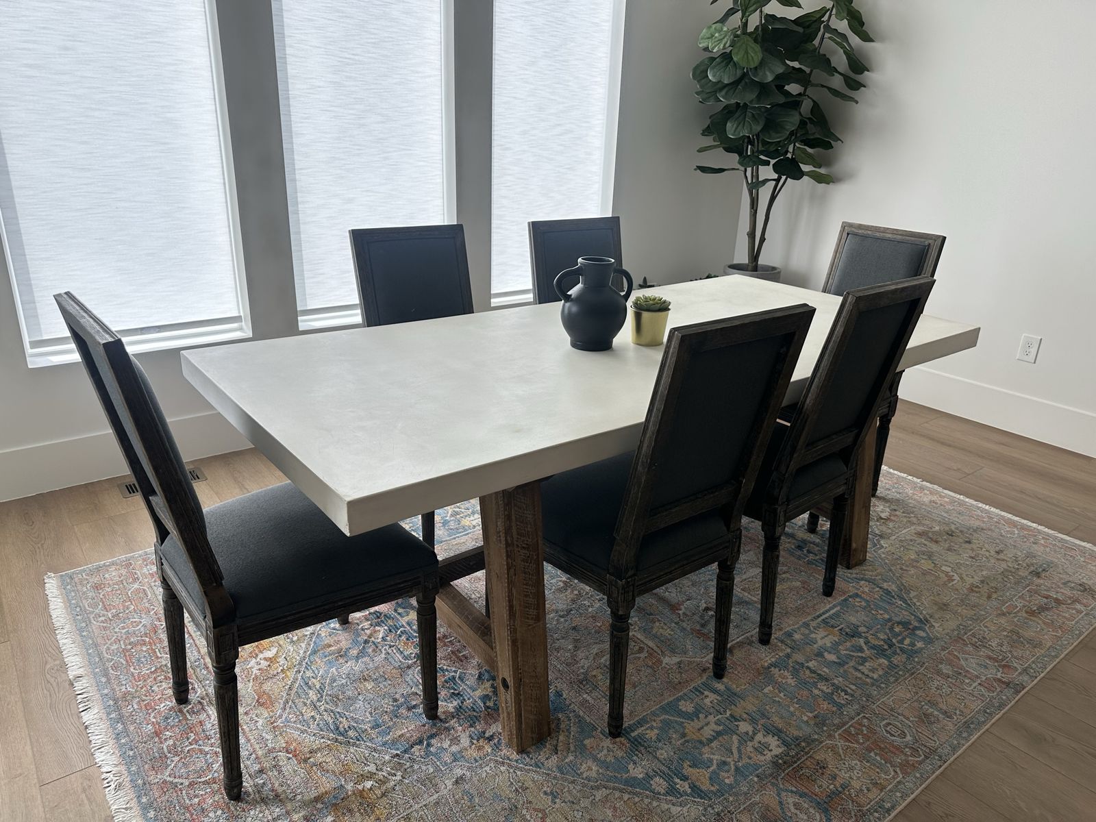 Modern Concrete style Top Dining Table with Wooden Base and Matching Chairs