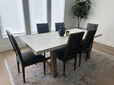 Modern Concrete style Top Dining Table with Wooden Base and Matching Chairs