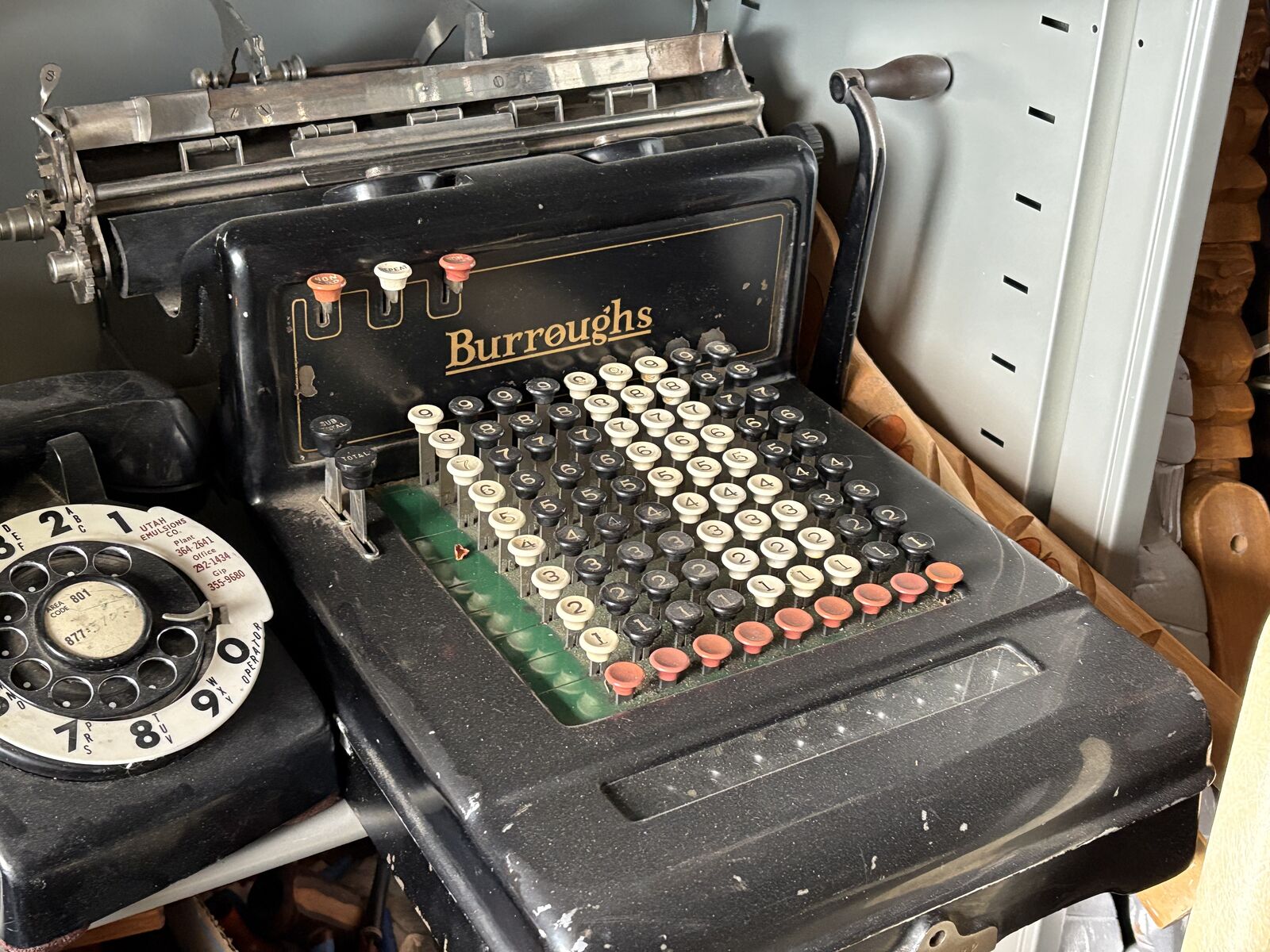 Burroughs Antique Adding Machine. 9 rows, hand crank Vintage