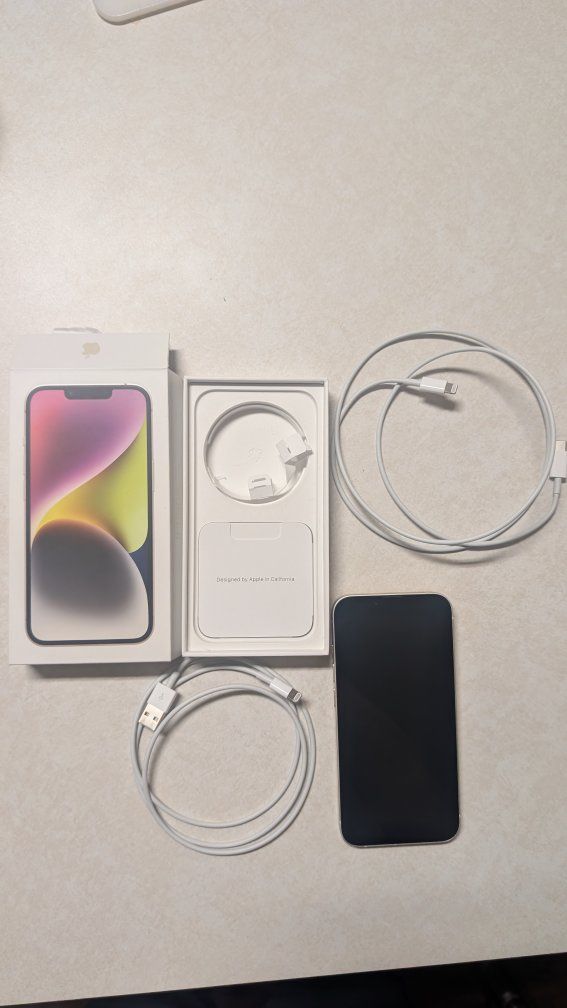 iPhone 14 w/ charger, cable, & box