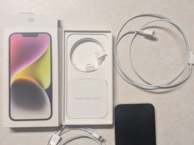 iPhone 14 w/ charger, cable, & box