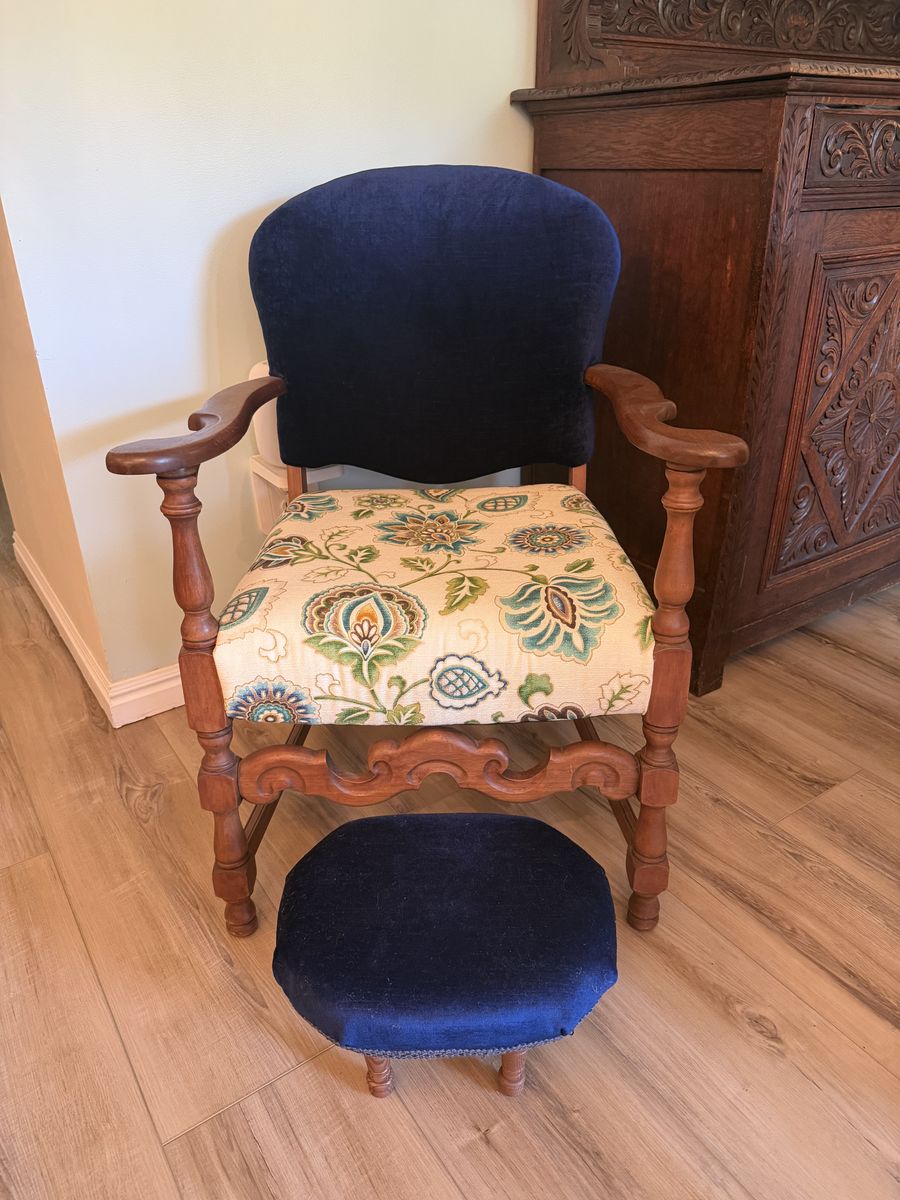 Vintage 1930s 1940s Spanish Revival Accent Chair and Ottoman, Reupholstered