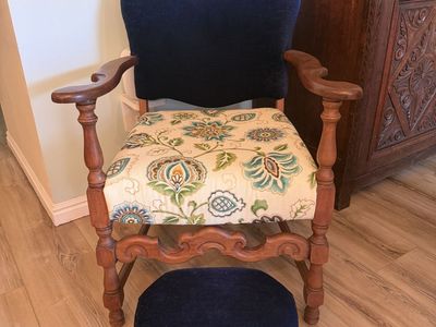 Vintage 1930s 1940s Spanish Revival Accent Chair and Ottoman, Reupholstered