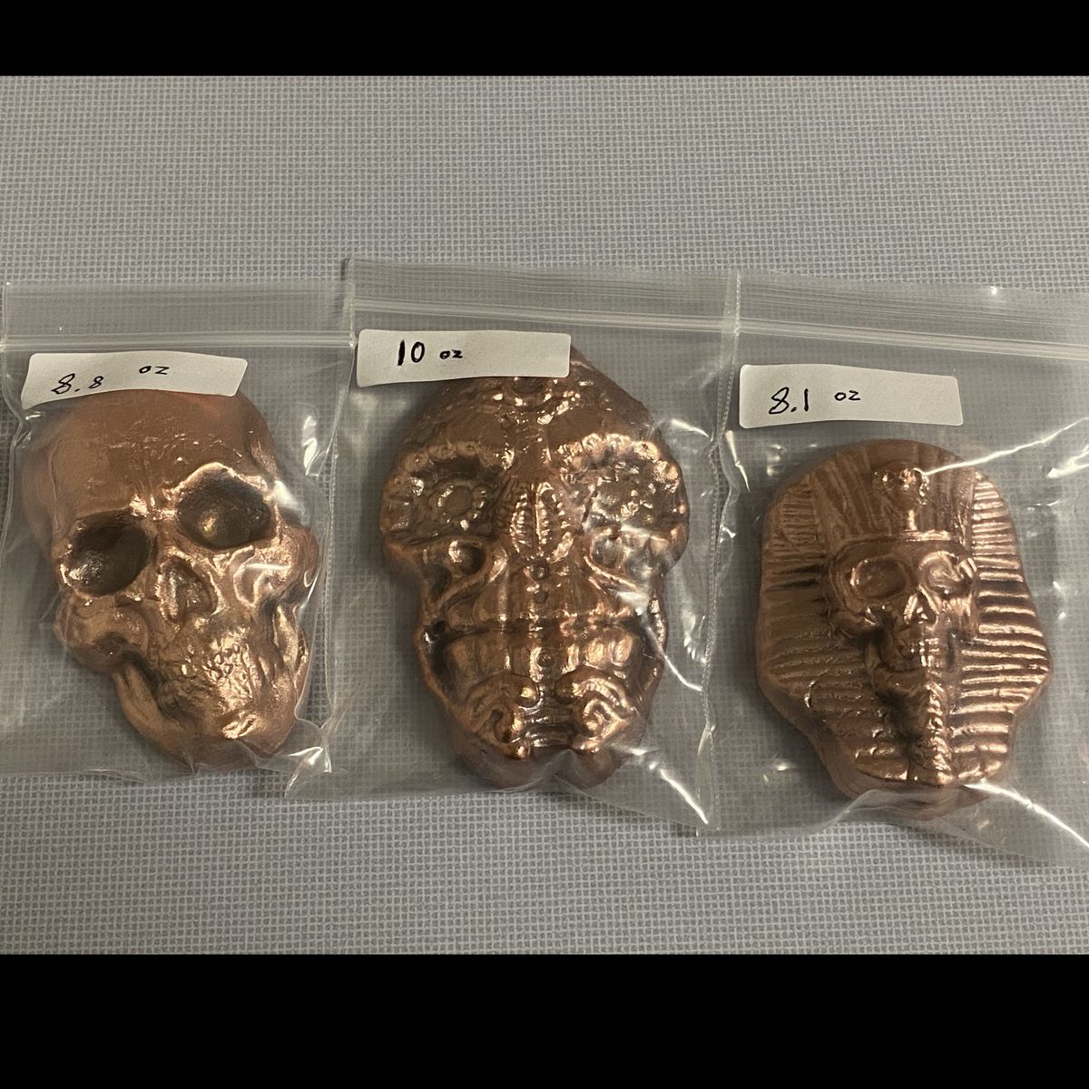 3 Copper Hand Poured skulls .999 Fine Copper Clean