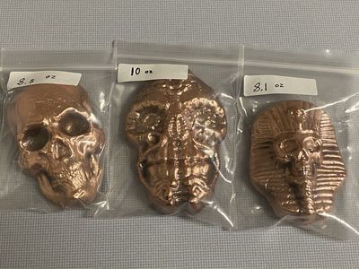 3 Copper Hand Poured skulls .999 Fine Copper Clean