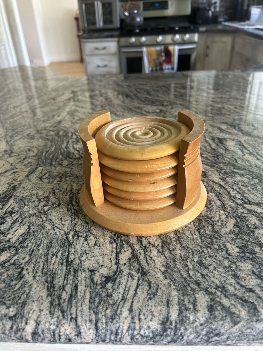 Set of 6 wood coasters w/rack