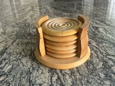 Set of 6 wood coasters w/rack