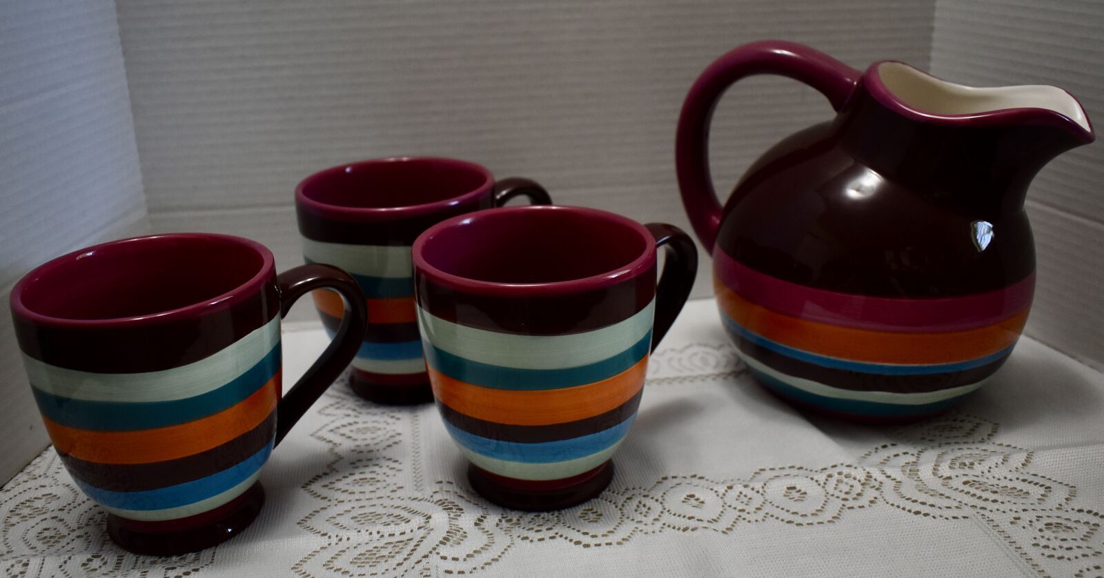 Collectible 65 oz Starbucks Coffee Striped Pitcher With 3 Matching Mugs