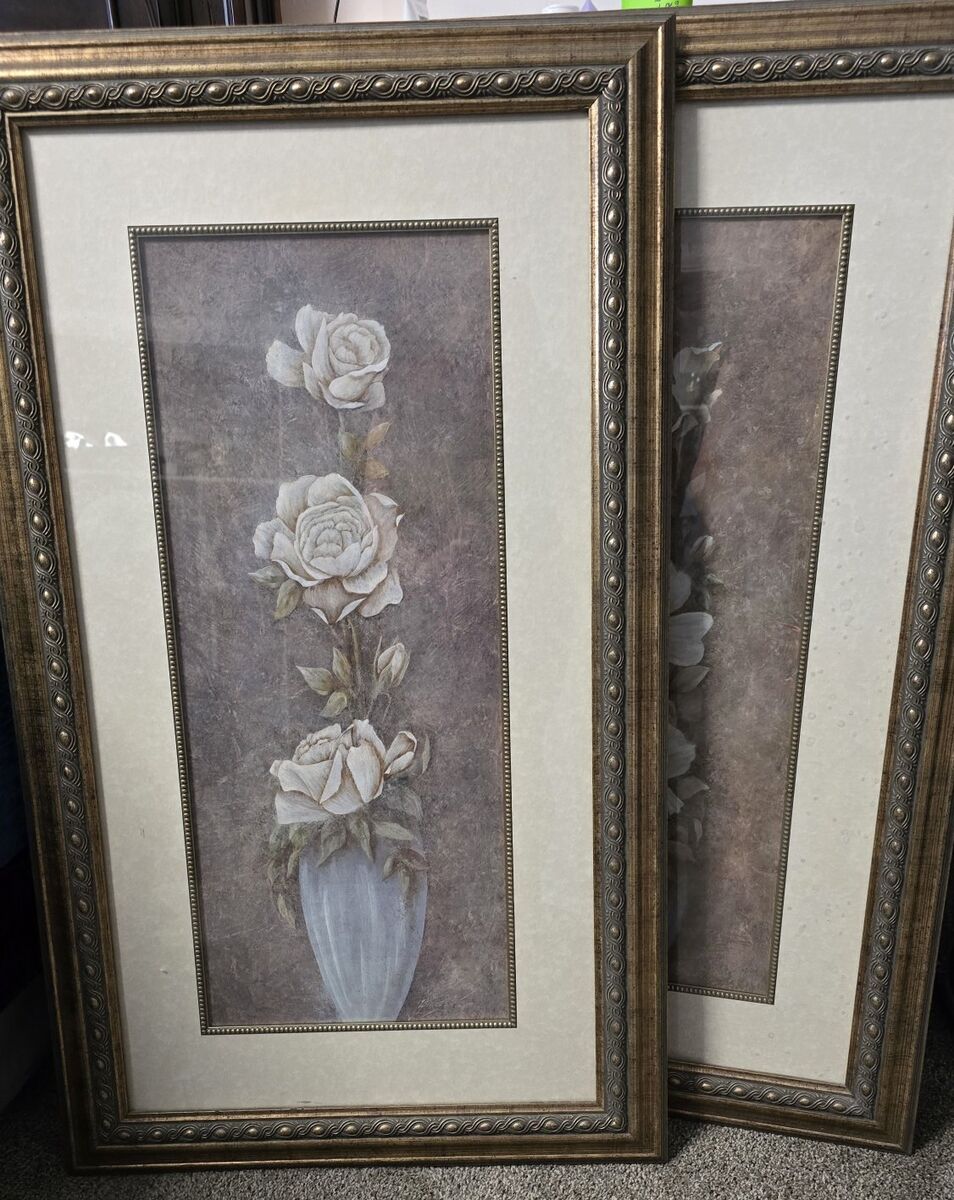 Vintage wood frame with glass art, flower w/ vas